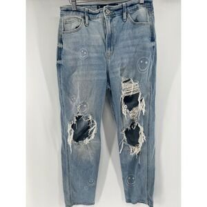 Hollister Ultra High Rise Mom‎ Jeans W28 L27 Smiley Face Distressed Light Wash